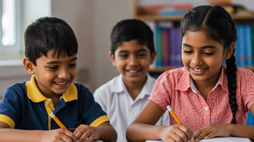 Three happy Indian school children writing in notebooks while learning together in a classroom setting.