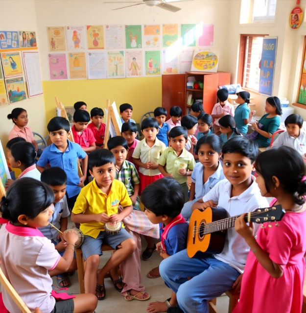 A lively classroom of Indian children engaged in music activities with drums and guitar, enjoying learning together.