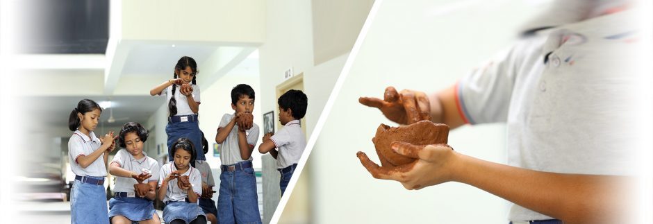 Two images combined show children happily engaging with a bowl, capturing their playful expressions and activities.