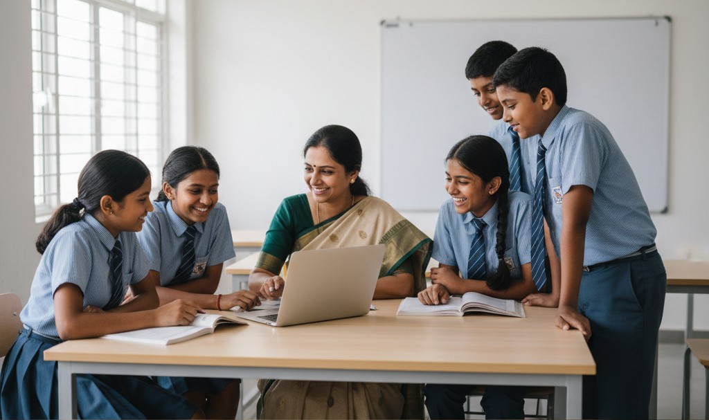 Positive teacher-student relationship in a modern South Indian school. A female teacher in a sari kneels next to a group of cheerful students wearing school uniforms, guiding them with a textbook.